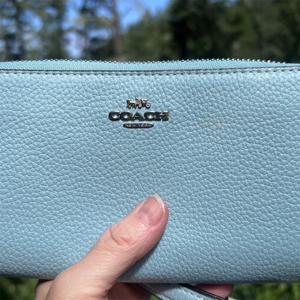 COACH Long Zip-Around Light Blue Pebble Leather Wallet Silver Hardware AUTHENTIC - Picture 11 of 13